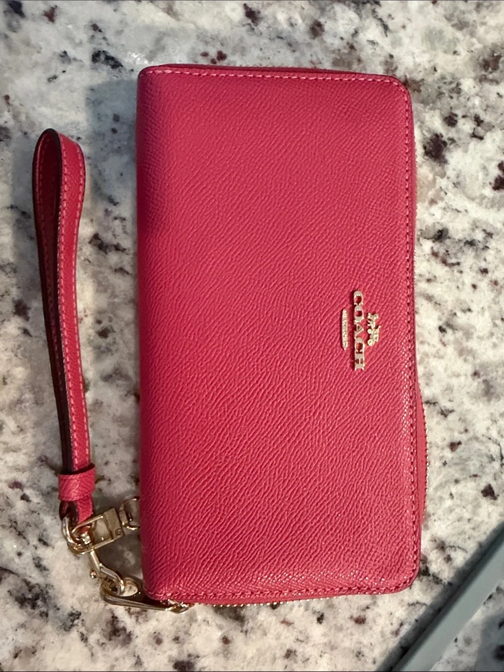 Coach Hot Pink Leather Zip Wristlet Wallet with Gold Logo